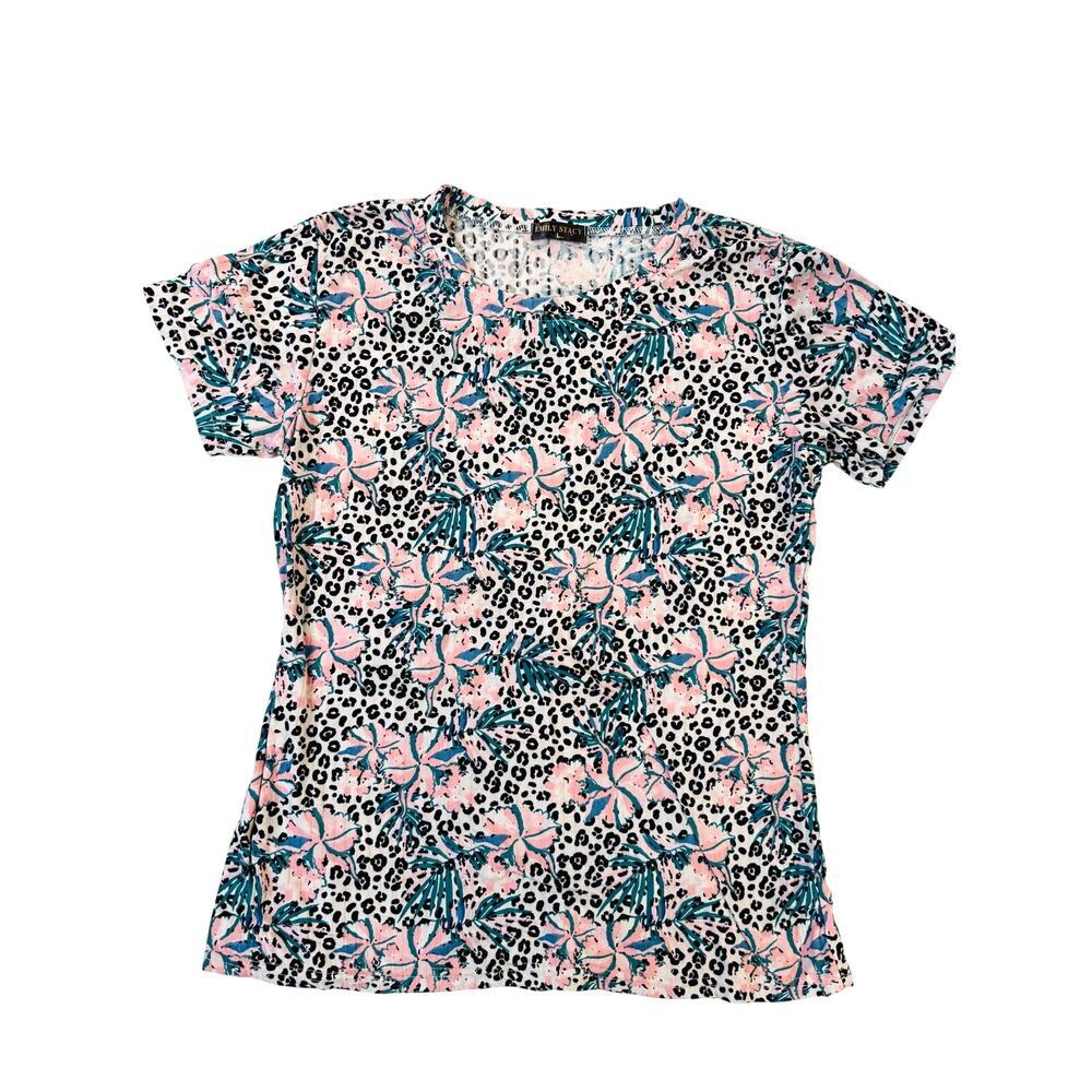 Emily Stacy Blouse Women LG Graphic Animal Floral Leopard Pink Blue Short Sleeve